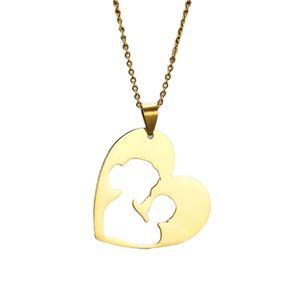 Stainless Steel Mother and Child Gold Tone Pendant Necklace